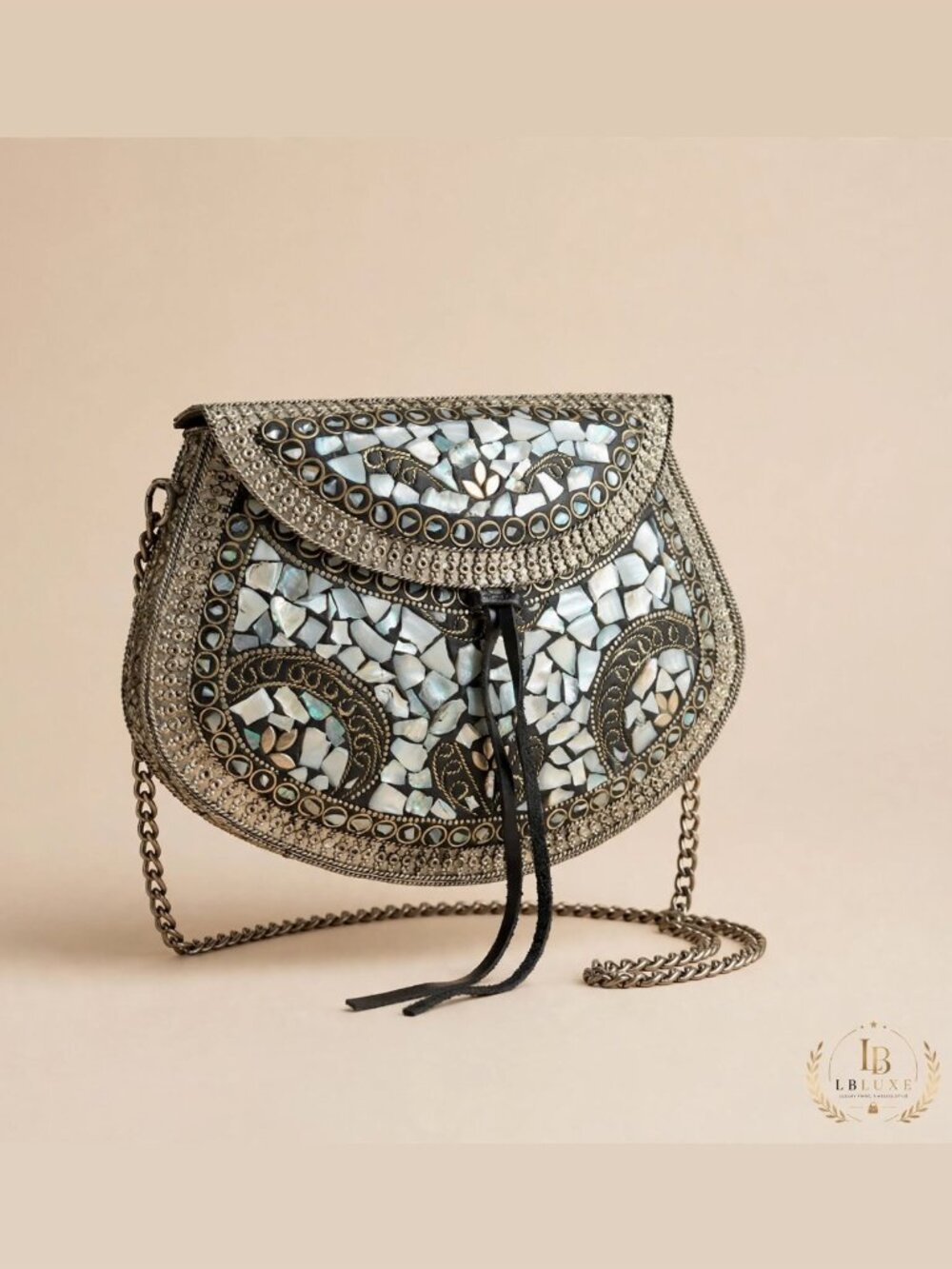 Silver Mother of Pearl Mosaic Crossbody Clutch Boho Evening Statement Bag